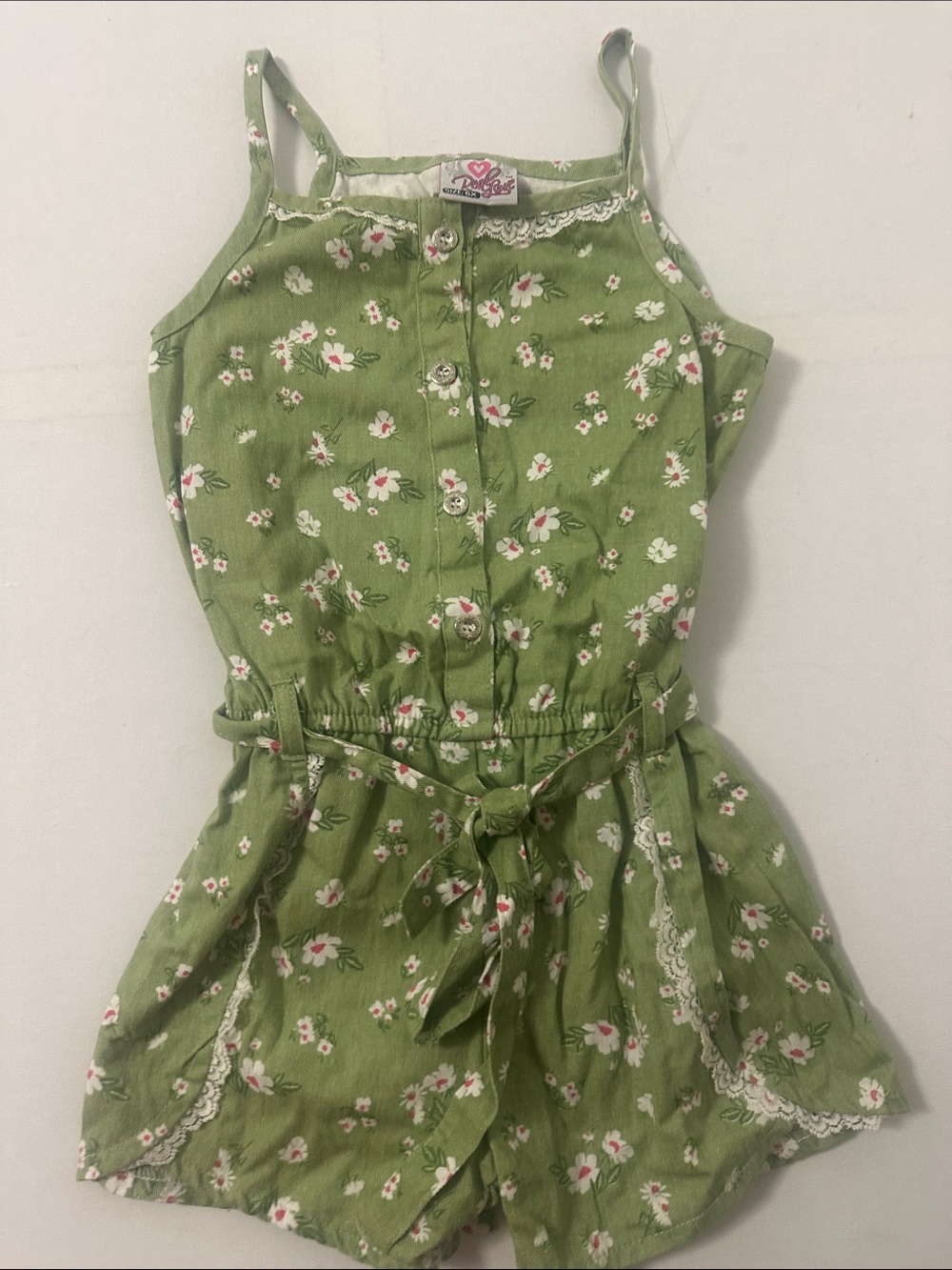 Heart Soul Olive Green Floral Tie-Waist Romper with Lace Trim